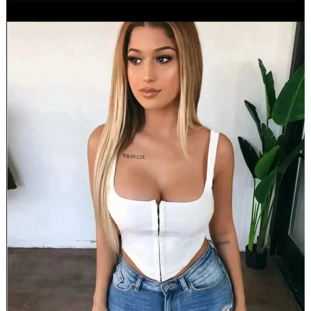 Women's Sexy White Corset Crop Top Square Neck Sleeveless Clubwear S​
